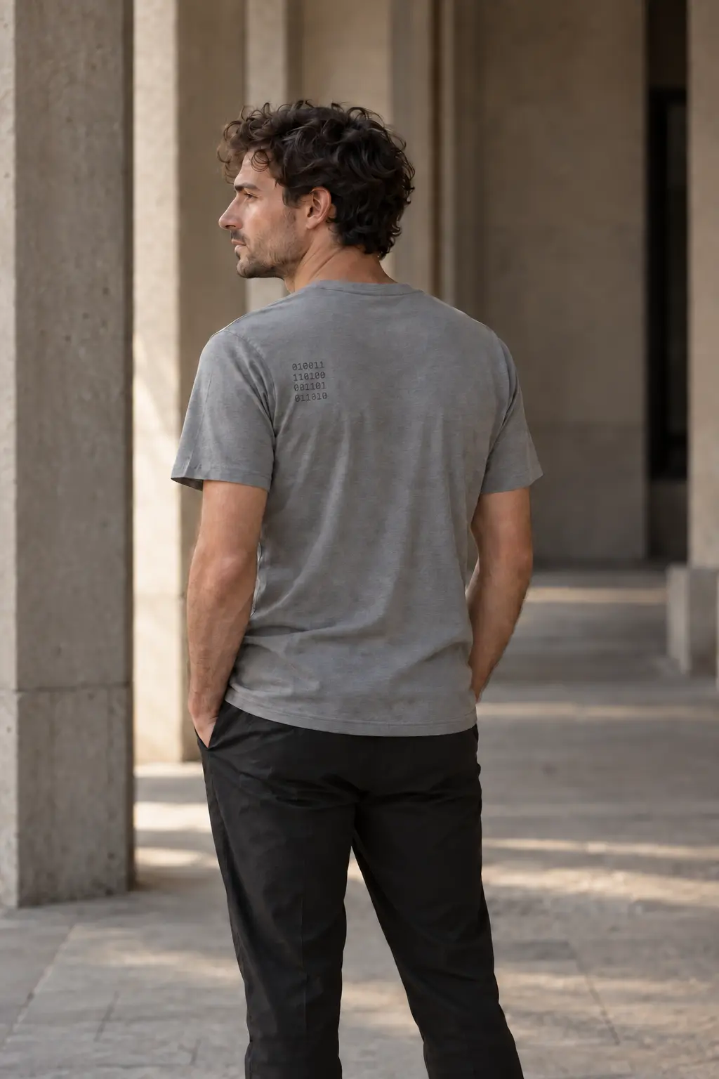 Design concept: three-quarter rear portrait wearing a grey crewneck T-shirt with a small upper-left rear binary mark in an architectural setting.